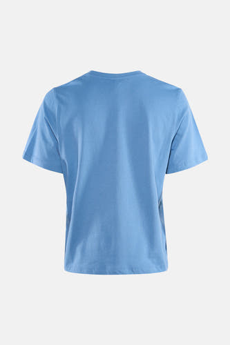 Blauw T-shirt met korte mouwen van ONLY® in effen jersey stof met geribde ronde hals, achteraanzicht.