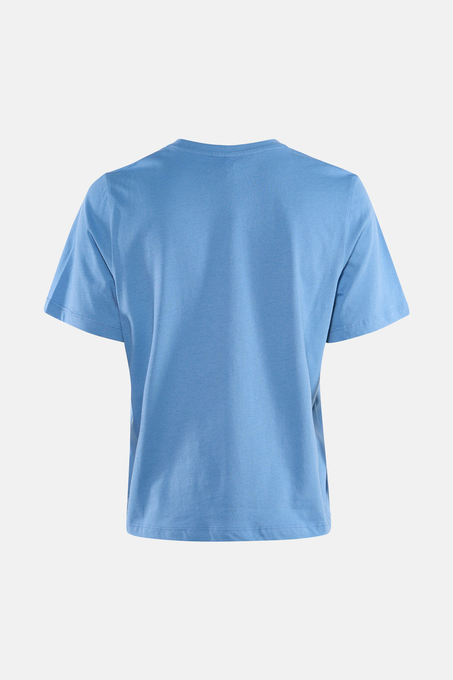 Blauw T-shirt met korte mouwen van ONLY® in effen jersey stof met geribde ronde hals, achteraanzicht.
