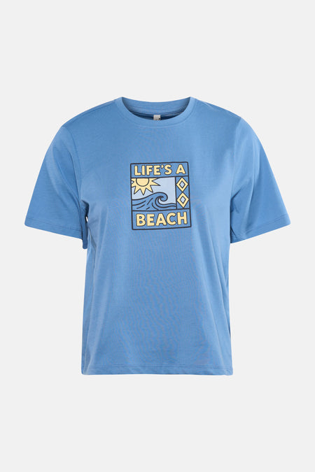 T-shirt bleu à manches courtes de ONLY® avec col rond et imprimé 'LIFE'S A BEACH'.