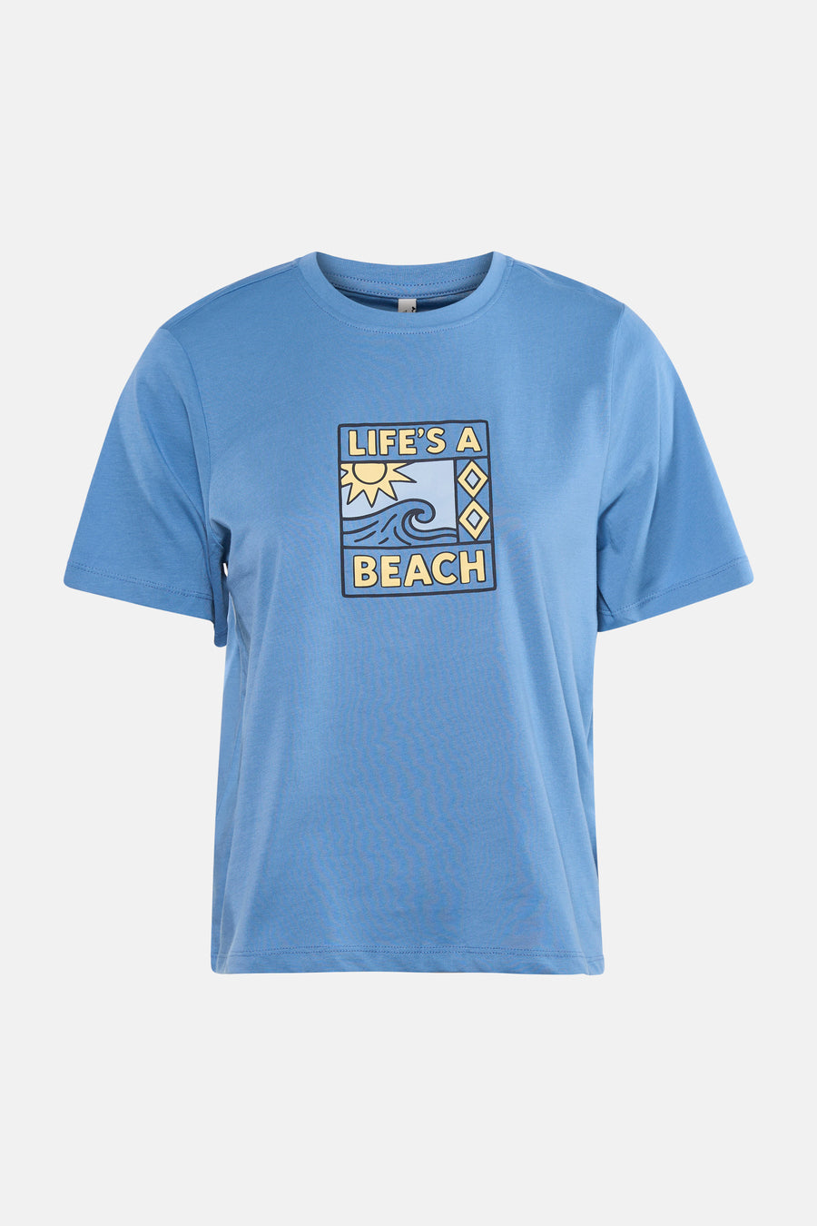 T-shirt bleu à manches courtes de ONLY® avec col rond et imprimé 'LIFE'S A BEACH'.