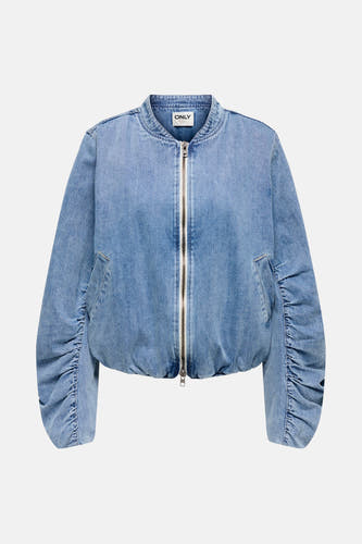 Jean en denim bleu marine de milieu, UNIQUEMENT de la marque ONLY, avec une fermeture éclair argentée et des manches froncées.