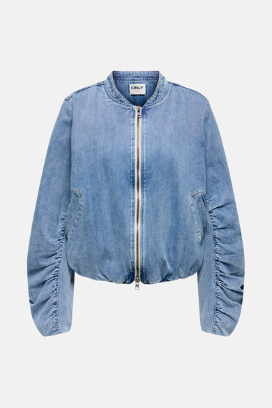 Jean en denim bleu marine de milieu, UNIQUEMENT de la marque ONLY, avec une fermeture éclair argentée et des manches froncées.
