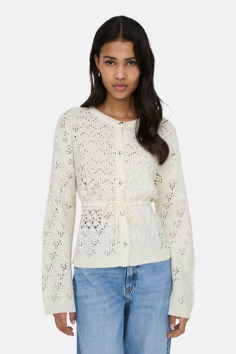 Gilet écru de ONLY, avec une encolure ouverte, des manches longues et une ceinture à nouer.