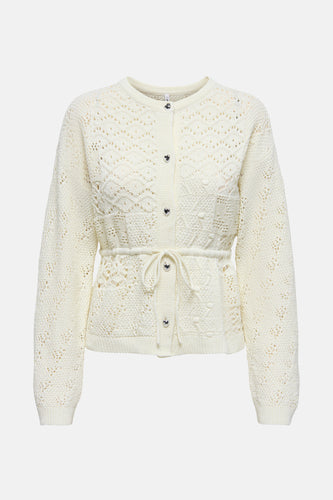 Ivoorwit gebreid vest met strikceintuur en hartvormige knopen.
