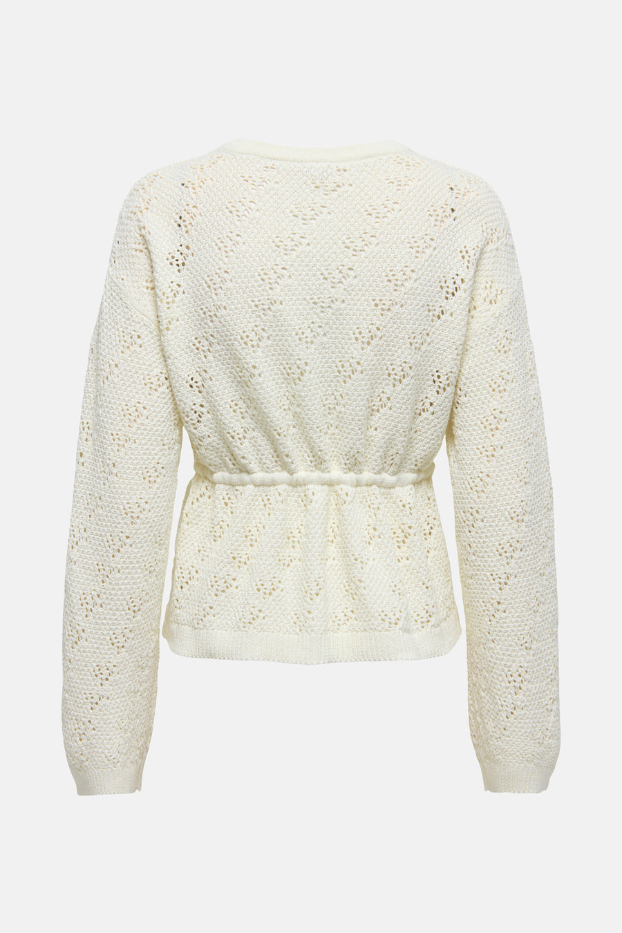 Ivoorwitte gehaakte damescardigan met trekkoord.
