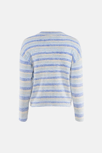 Pull bleu à col rond de ONLY, rayé bleu et beige, à manches longues et coupe décontractée.