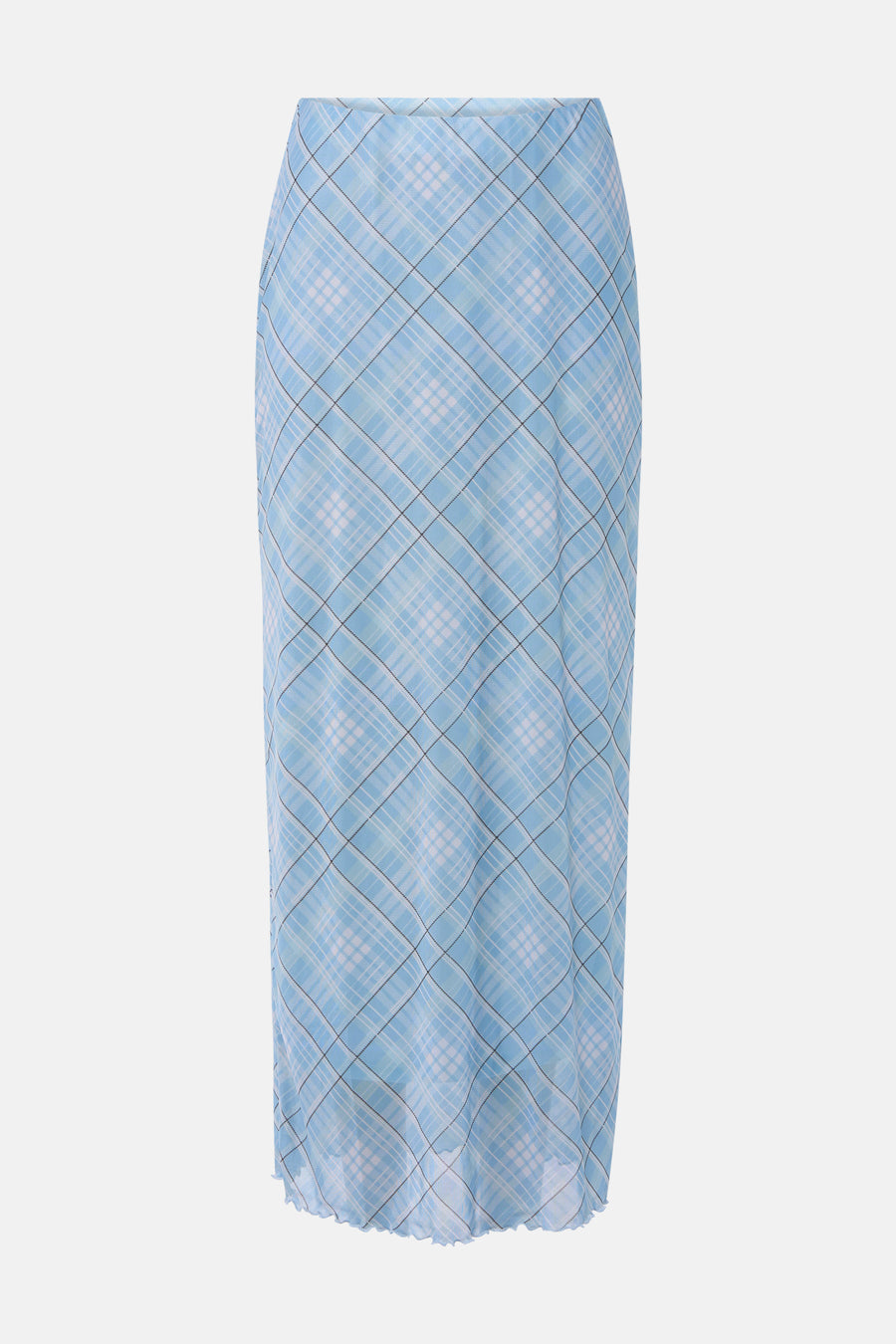 Lange blauwe rok van JDY, met een lichtblauwe en witte ruitpatroon.
