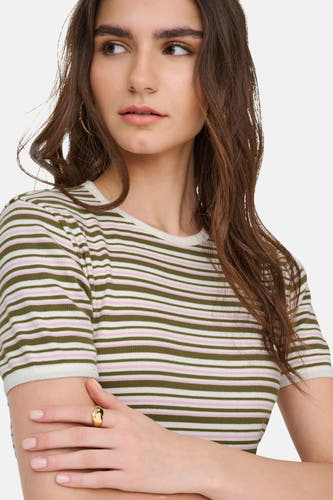 T-shirt multicolore à manches courtes de JDY, avec des rayures horizontales roses, crème et kaki.