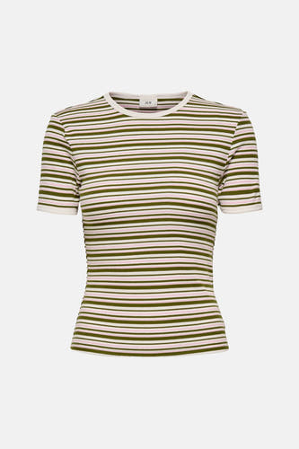 T-shirt multicolore à manches courtes de JDY, avec des rayures horizontales vertes, roses et blanches et un tissu côtelé.