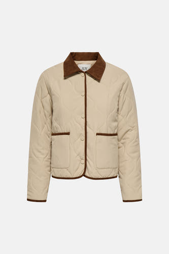 Beige korte jas van JDY, met bruine corduroy kraag en ruitvormig doorgestikt patroon.
