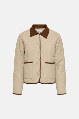 Beige korte jas van JDY, met bruine corduroy kraag en ruitvormig doorgestikt patroon.