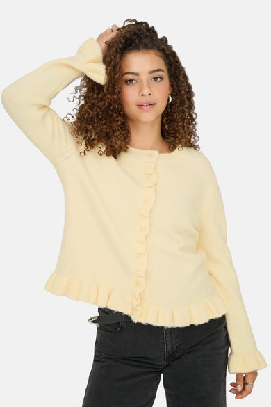 Cardigan jaune d'ONLY, avec des manches longues, des détails froncés et une fermeture à boutons.