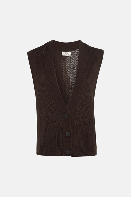 Bruin mouwloos vest van JDY, met een gebreide textuur en knoopsluiting aan de voorkant.
