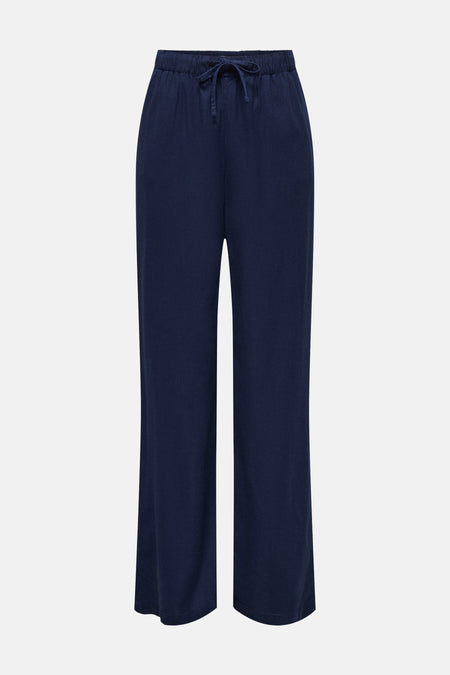Blauwe broek van ONLY met een trekkoord in de taille.