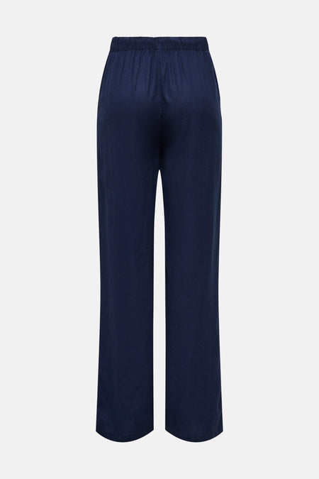 Pantalon bleu ONLY, uni et avec une taille élastique, vu de dos.