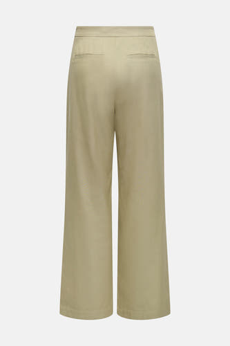 Beige broek van ONLY, met wijde pijpen en zakken aan de achterkant.
