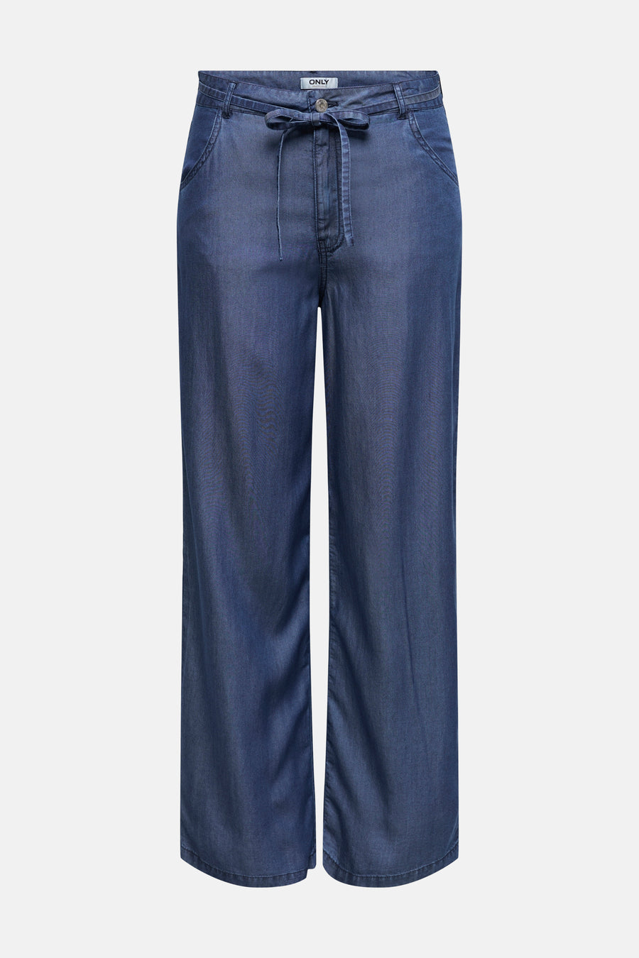 Pantalon bleu foncé en denim de ONLY, avec une ceinture à nouer et jambes larges.