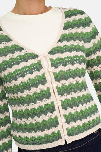 Groen vest van ONLY®, met een opengewerkt streepmotief, knoopsluiting en lange mouwen.
