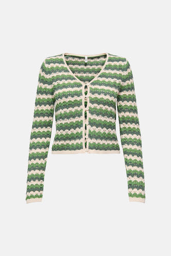 Groen vest van ONLY, met een gestreept zigzagpatroon en knoopsluiting.
