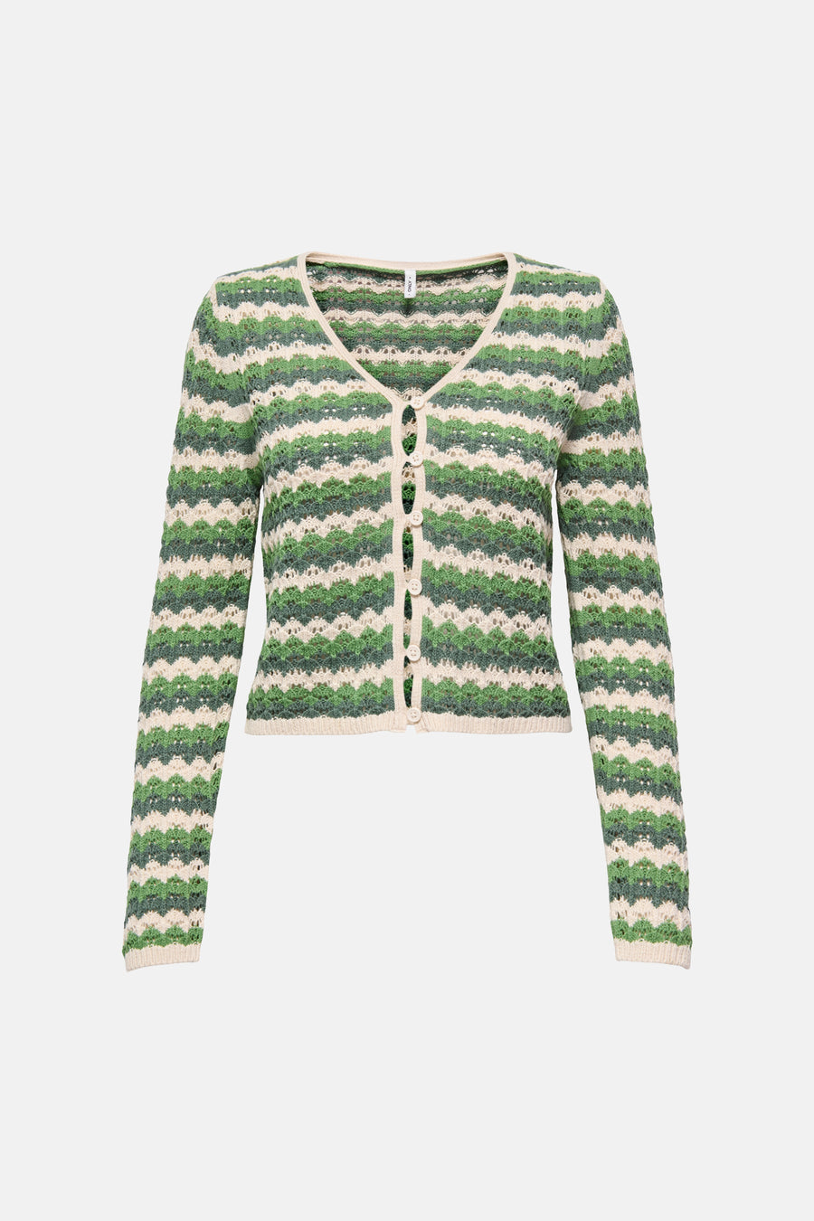 Groen vest van ONLY, met een gestreept zigzagpatroon en knoopsluiting.
