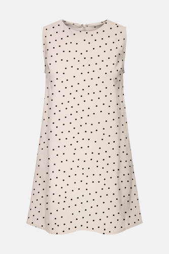 Ecru mouwloos kleedje van ONLY® met zwarte stippen, ronde hals en korte ritssluiting achteraan.