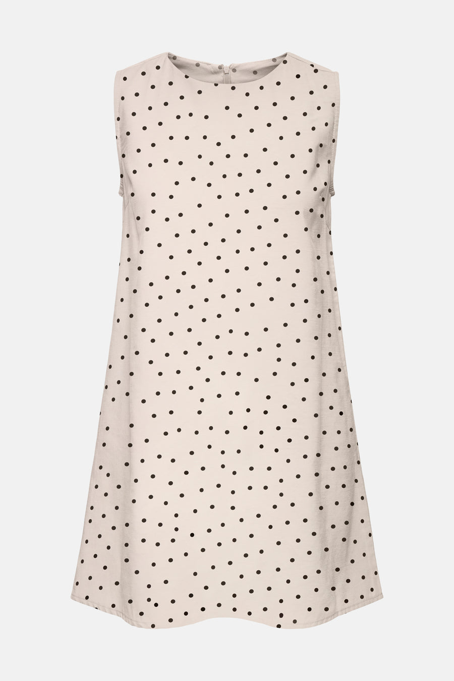 Ecru mouwloos kleedje van ONLY® met zwarte stippen, ronde hals en korte ritssluiting achteraan.