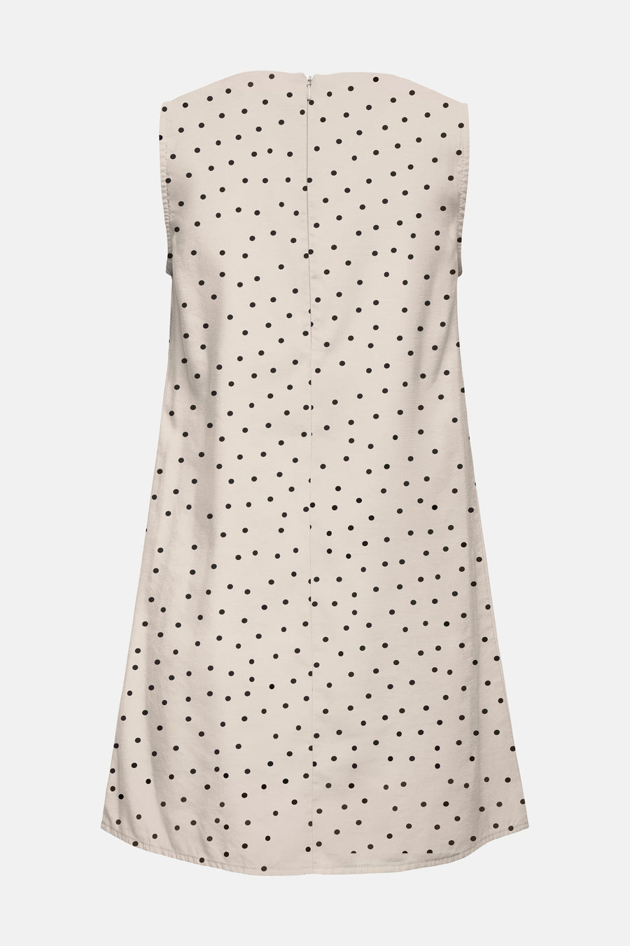Ecru mouwloos kleedje van ONLY® met zwarte stippen en rits op de achterkant.