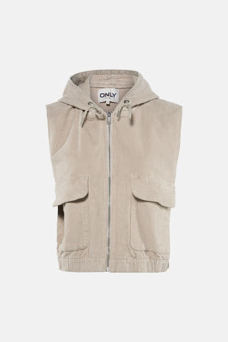 Veste écru sans manches de ONLY, avec une texture velours côtelé et une capuche à l'arrière.