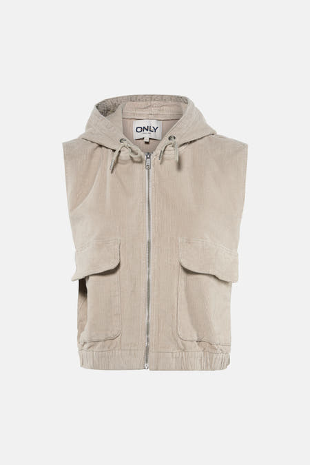 Mouwmloze jas van ecru corduroy, van ONLY, met een capuchon en zakken aan de voorkant.