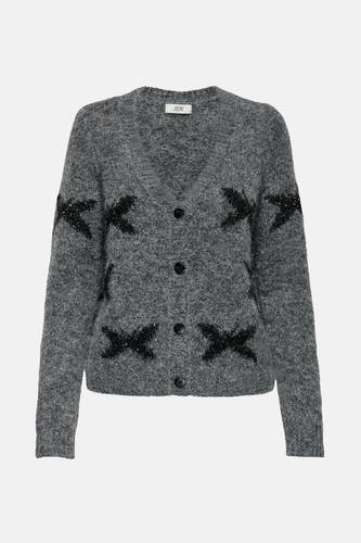 Gilet gris JDY avec des manches longues et une texture tricotée grossière sur un fond lisse.