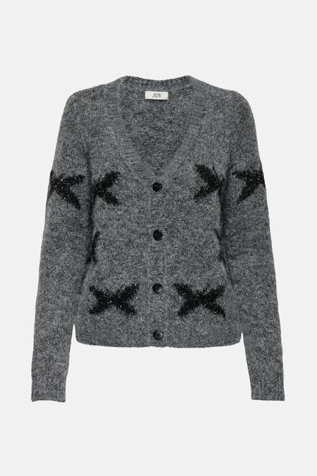 Grijze cardigan van JDY met lange mouwen, een V-hals en zwarte sterapplicaties.
