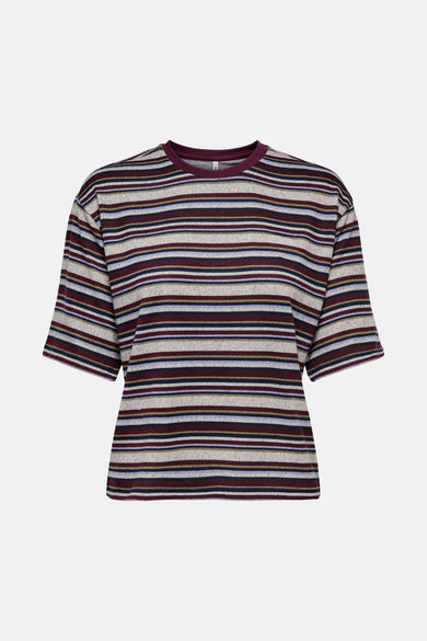 Multikleurig T-shirt met korte mouwen van ONLY, met horizontale strepen in verschillende kleuren.
