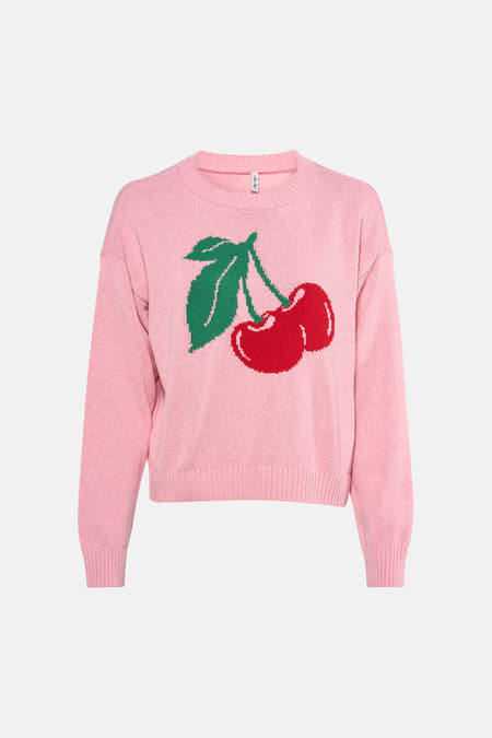 Roze trui met ronde hals van ONLY, met kersjesmotief en lange mouwen.
