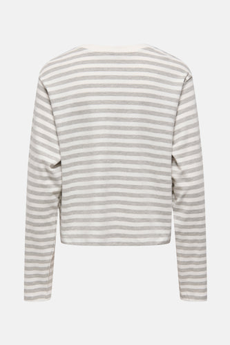 Grijs gestreept T-shirt met lange mouwen van ONLY, rugaanzicht op een lichte achtergrond.
