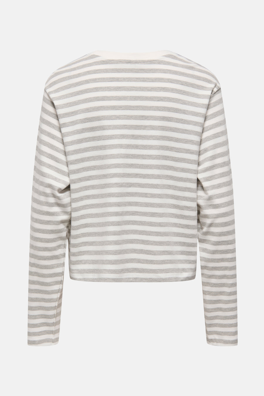 Grijs gestreept T-shirt met lange mouwen van ONLY, rugaanzicht op een lichte achtergrond.