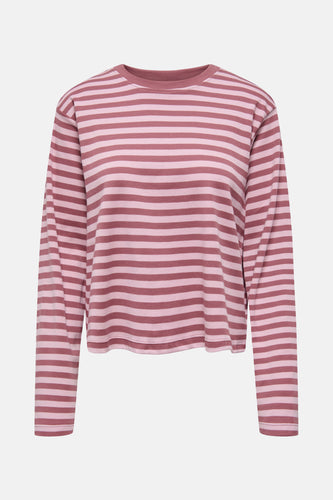Roze T-shirt met lange mouwen van ONLY, met een gestreept patroon in roze tinten.
