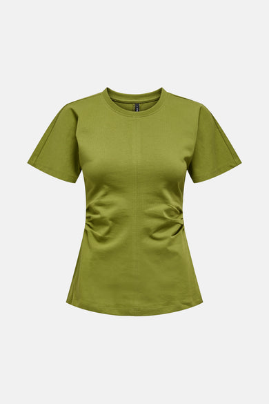 Groen T-shirt met korte mouwen van ONLY, met rimpeldetails aan de zijkanten en een rechte zoom.
