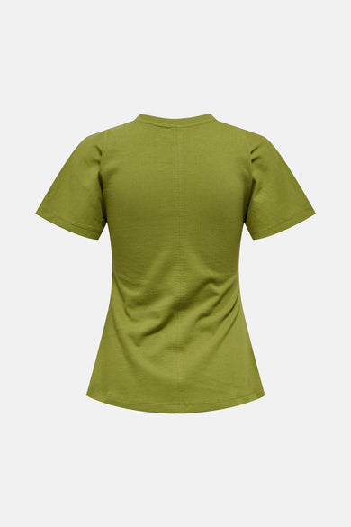 Groen T-shirt met korte mouwen van ONLY, achteraanzicht, met subtiele naden en een eenvoudige halslijn.
