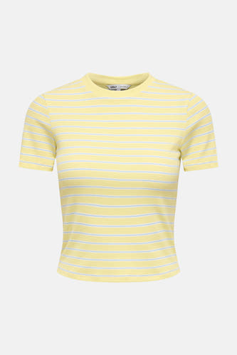 Gele gestreepte korte mouwen T-shirt van ONLY® met fijne horizontale strepen en ribbelstructuur, vooraanzicht