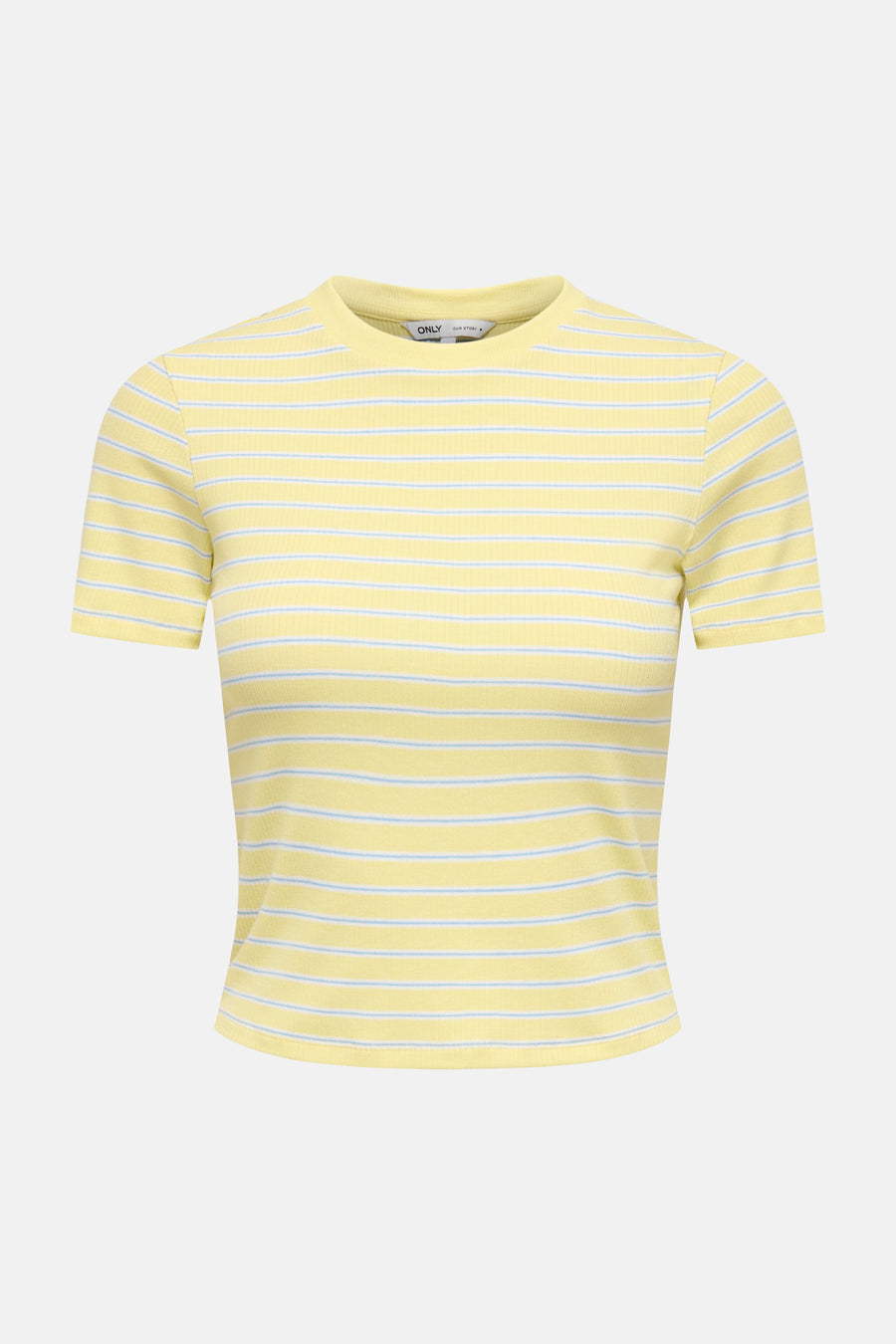 Gele gestreepte korte mouwen T-shirt van ONLY® met fijne horizontale strepen en ribbelstructuur, vooraanzicht