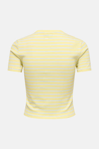 Gele gestreepte korte mouw T-shirt van ONLY®, achterzijde met fijne blauwe strepen en ribstructuur