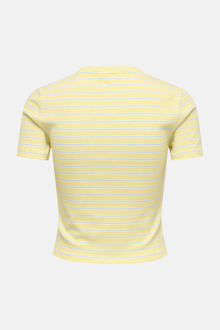 Gele gestreepte korte mouw T-shirt van ONLY®, achterzijde met fijne blauwe strepen en ribstructuur