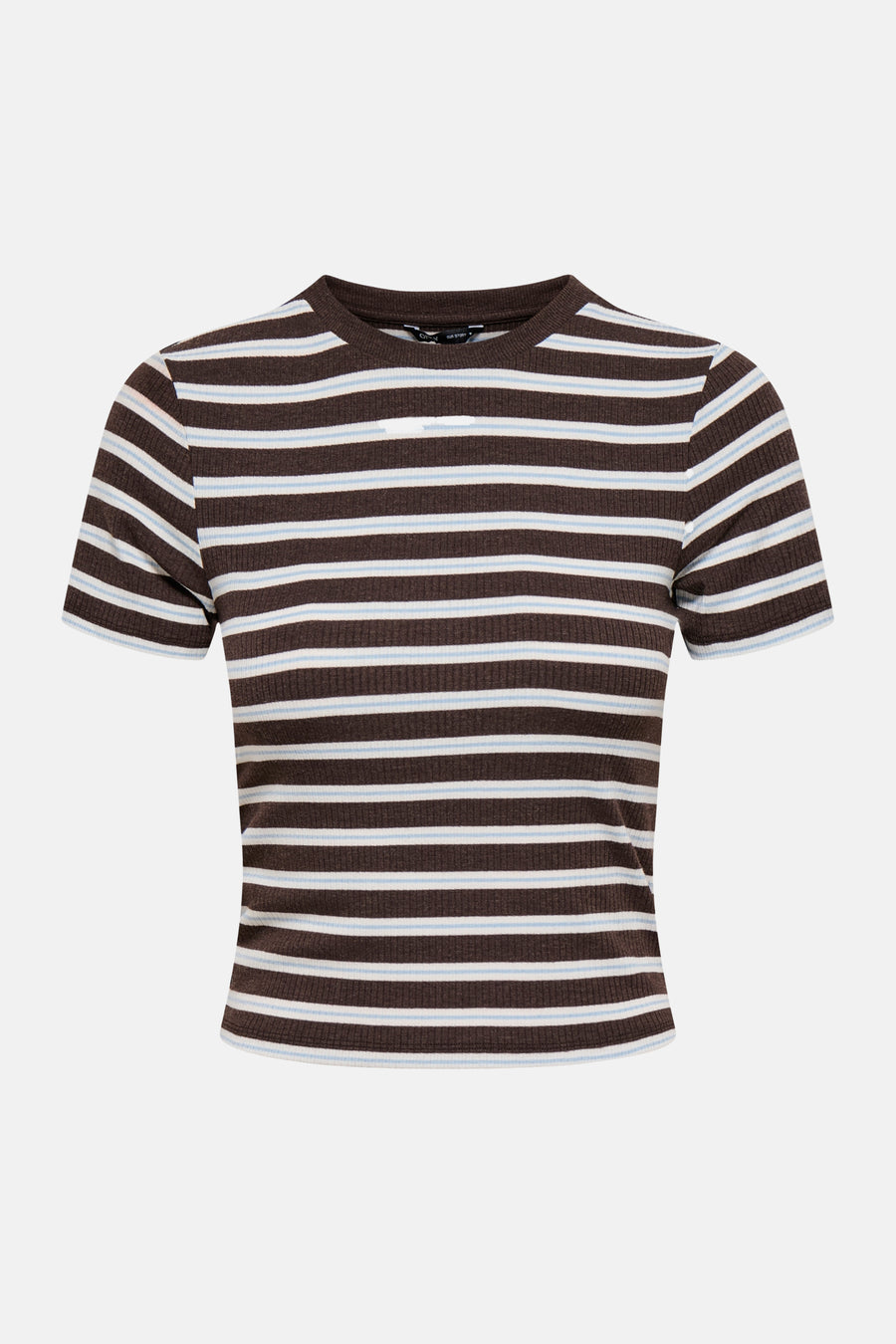 Bruine gestreepte korte mouwen T-shirt van ONLY® met witte en lichtblauwe strepen, ribstructuur, ronde hals, front view