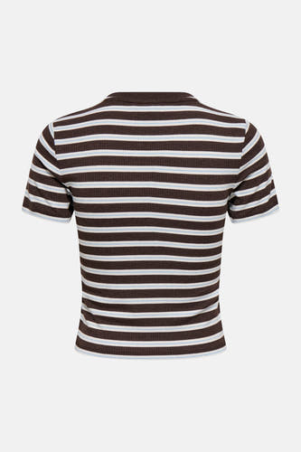 Bruine gestreepte korte mouw T-shirt van ONLY®, achterzijde met witte en lichtblauwe strepen, ribbelstructuur, strakke pasvorm