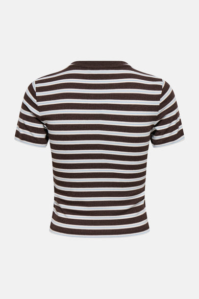 Bruine gestreepte korte mouw T-shirt van ONLY®, achterzijde met witte en lichtblauwe strepen, ribbelstructuur, strakke pasvorm