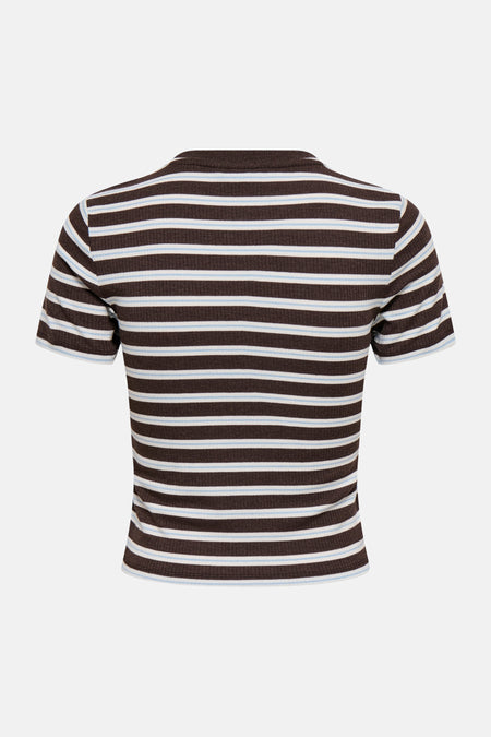 Bruine gestreepte korte mouw T-shirt van ONLY®, achterzijde met witte en lichtblauwe strepen, ribbelstructuur, strakke pasvorm
