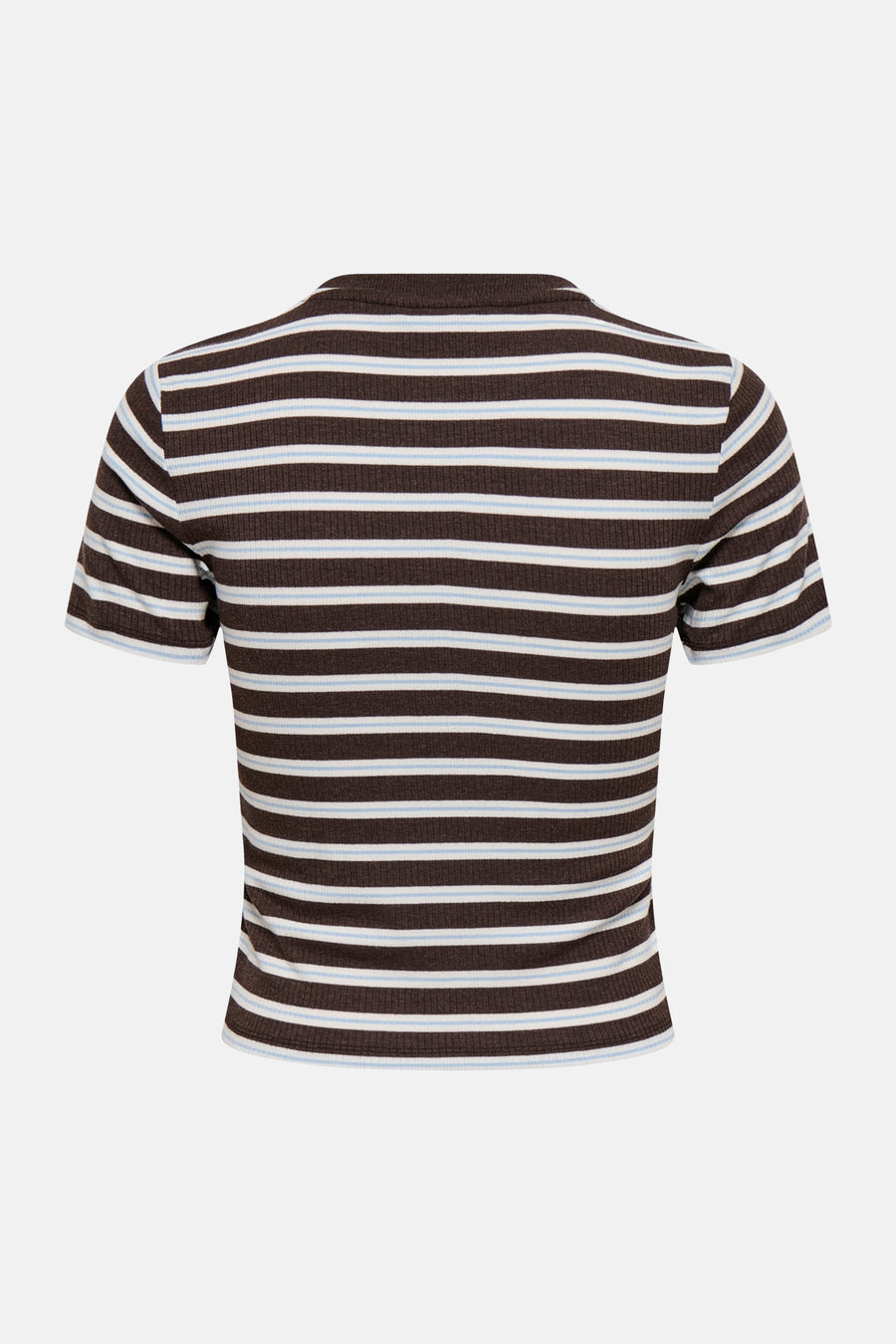 Bruine gestreepte korte mouw T-shirt van ONLY®, achterzijde met witte en lichtblauwe strepen, ribbelstructuur, strakke pasvorm