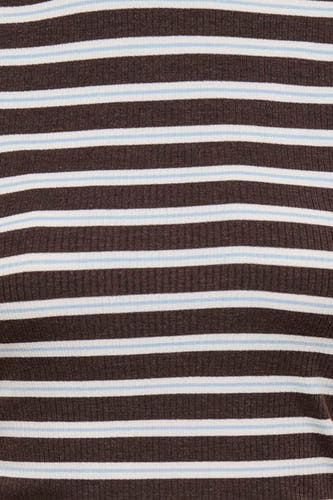 Bruine gestreepte korte mouw T-shirt van ONLY® met witte en lichtblauwe horizontale strepen, ribbelstructuur, close-up detail