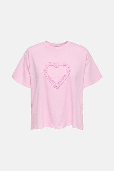 Roze T-shirt met korte mouwen van ONLY, versierd met een hartvormige ruche applicatie.