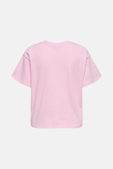 Roze T-shirt met korte mouwen van ONLY, effen stof en een eenvoudige ronde hals.